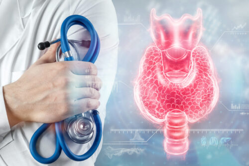 Thyroid gland, Doctor looks at a hologram or ultrasound of the patient's thyroid gland. Ultrasound diagnostics, thyroid diseases, medical indicators